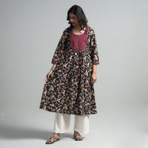 Black - Kalamkari Printed Cotton A-Line Long Kurta with Patchwork