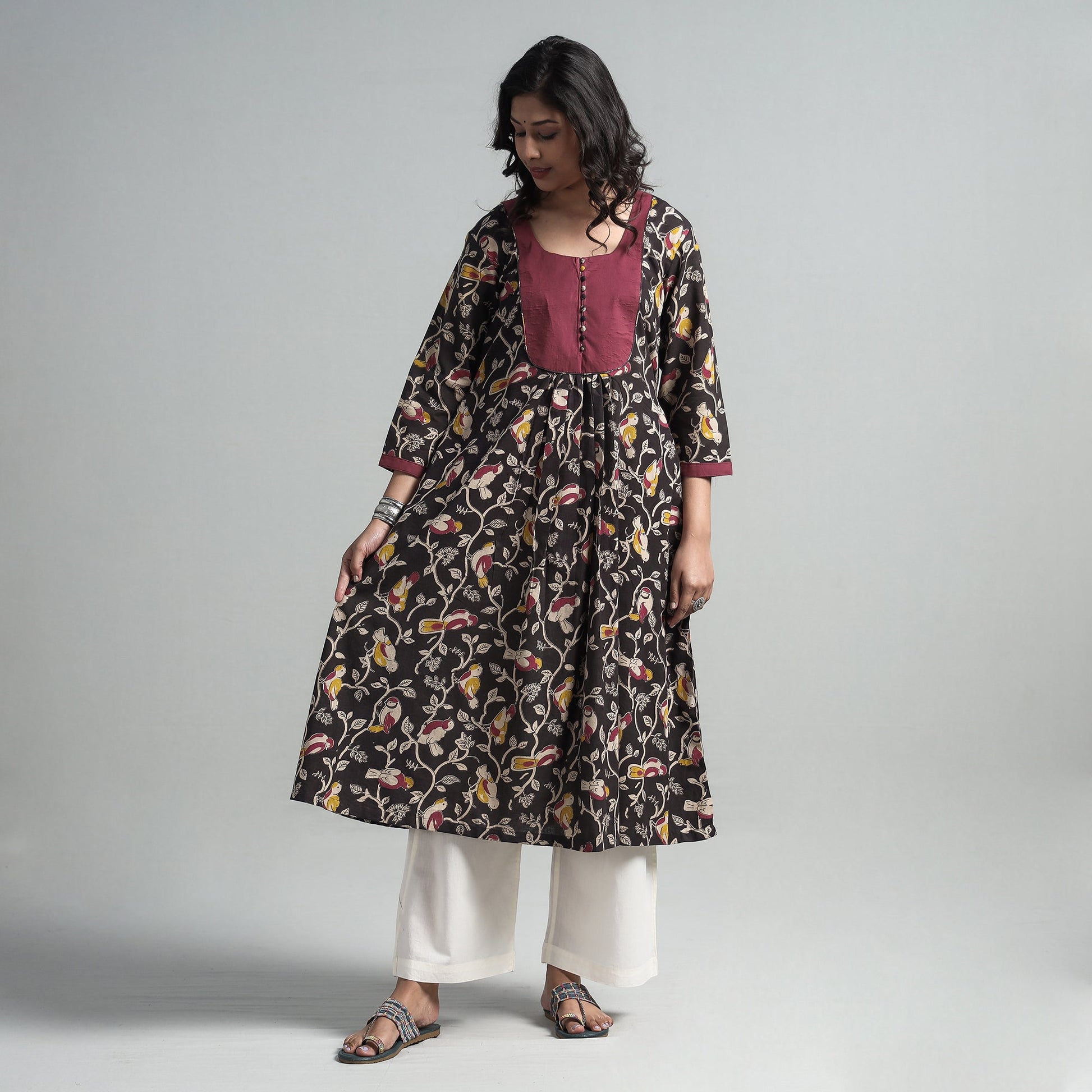 Black - Kalamkari Printed Cotton A-Line Long Kurta with Patchwork