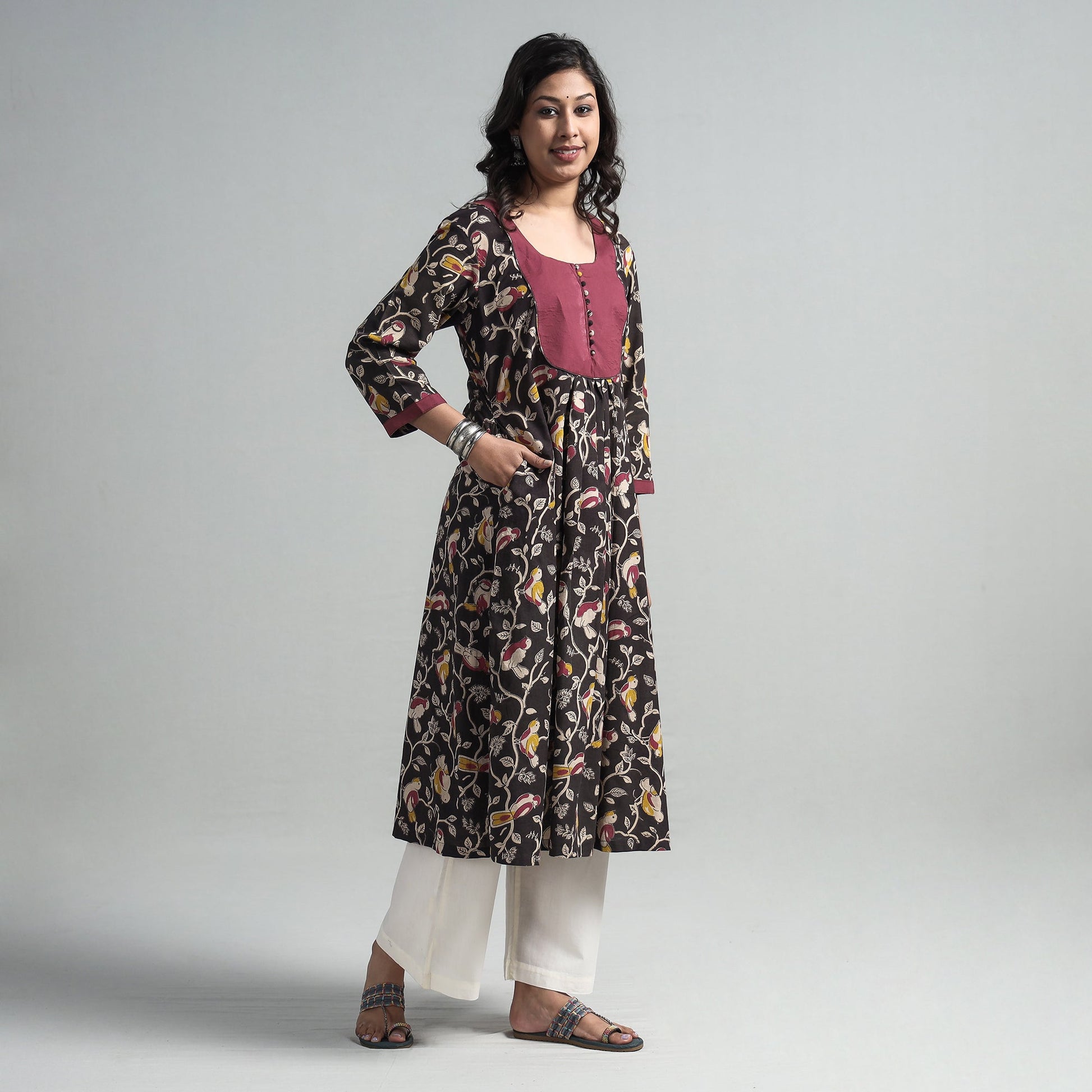 Black - Kalamkari Printed Cotton A-Line Long Kurta with Patchwork