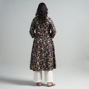 Black - Kalamkari Printed Cotton A-Line Long Kurta with Patchwork