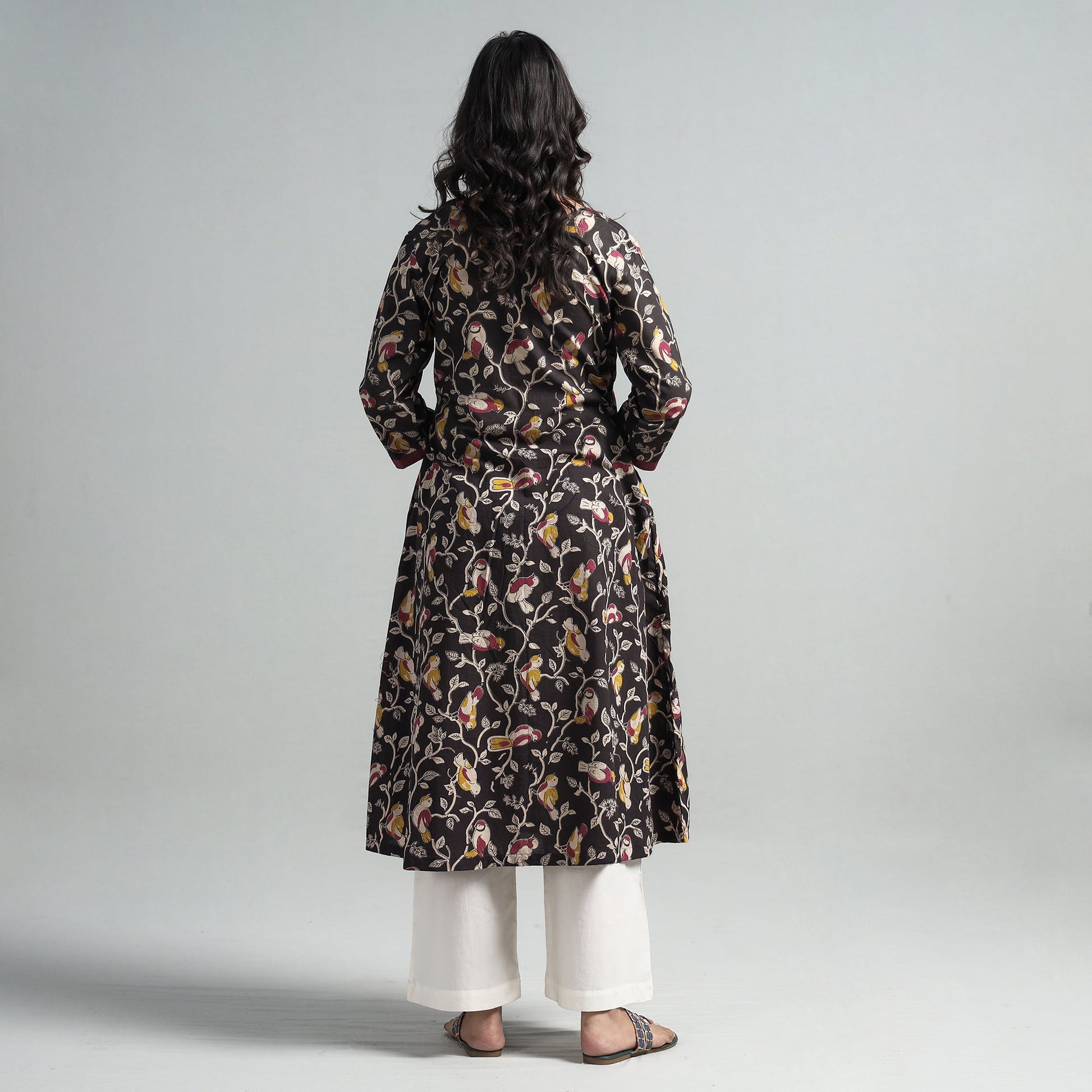 Black - Kalamkari Printed Cotton A-Line Long Kurta with Patchwork