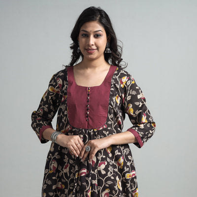 Black - Kalamkari Printed Cotton A-Line Long Kurta with Patchwork