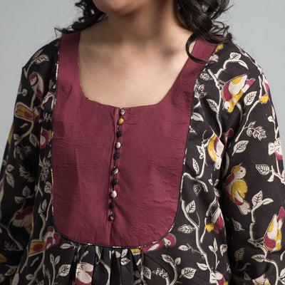 Black - Kalamkari Printed Cotton A-Line Long Kurta with Patchwork