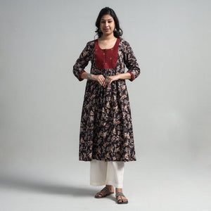 Black - Kalamkari Printed Cotton A-Line Long Kurta with Patchwork