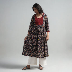 Black - Kalamkari Printed Cotton A-Line Long Kurta with Patchwork