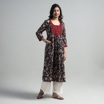 Black - Kalamkari Printed Cotton A-Line Long Kurta with Patchwork