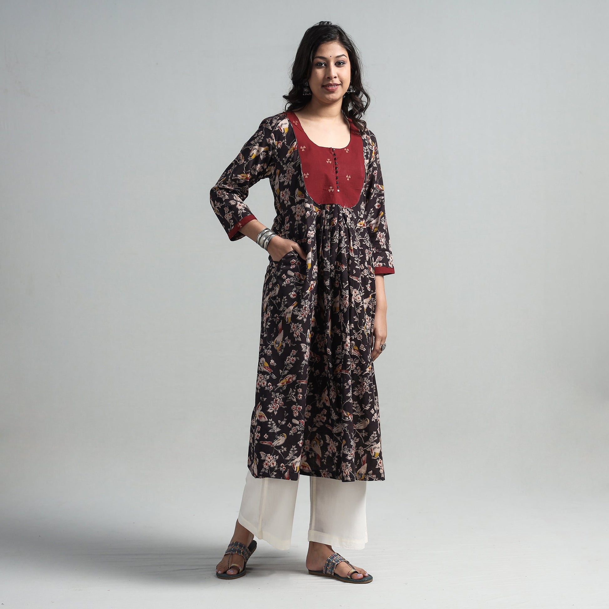 Black - Kalamkari Printed Cotton A-Line Long Kurta with Patchwork
