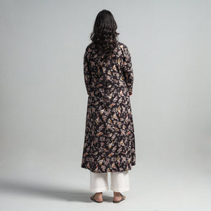 Black - Kalamkari Printed Cotton A-Line Long Kurta with Patchwork