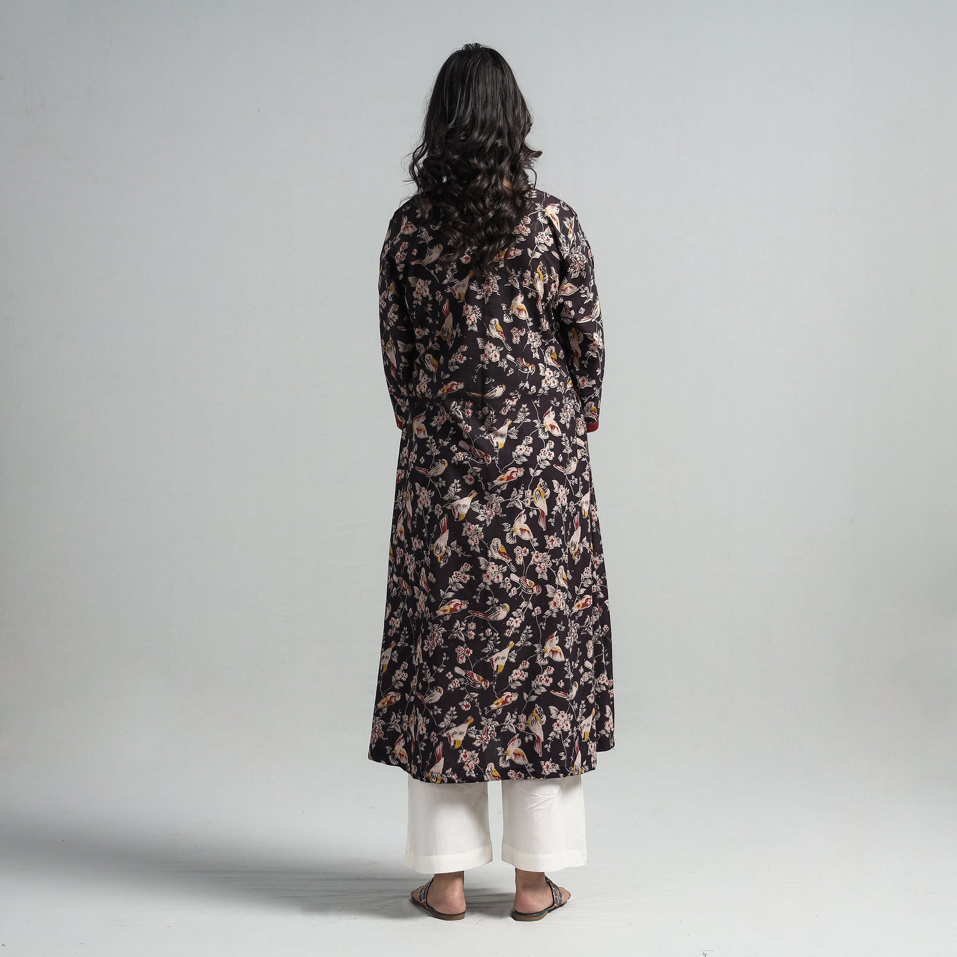 Black - Kalamkari Printed Cotton A-Line Long Kurta with Patchwork