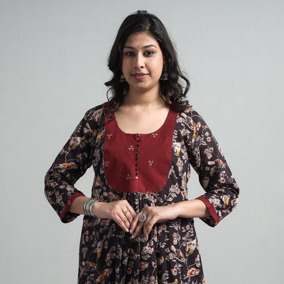 Black - Kalamkari Printed Cotton A-Line Long Kurta with Patchwork