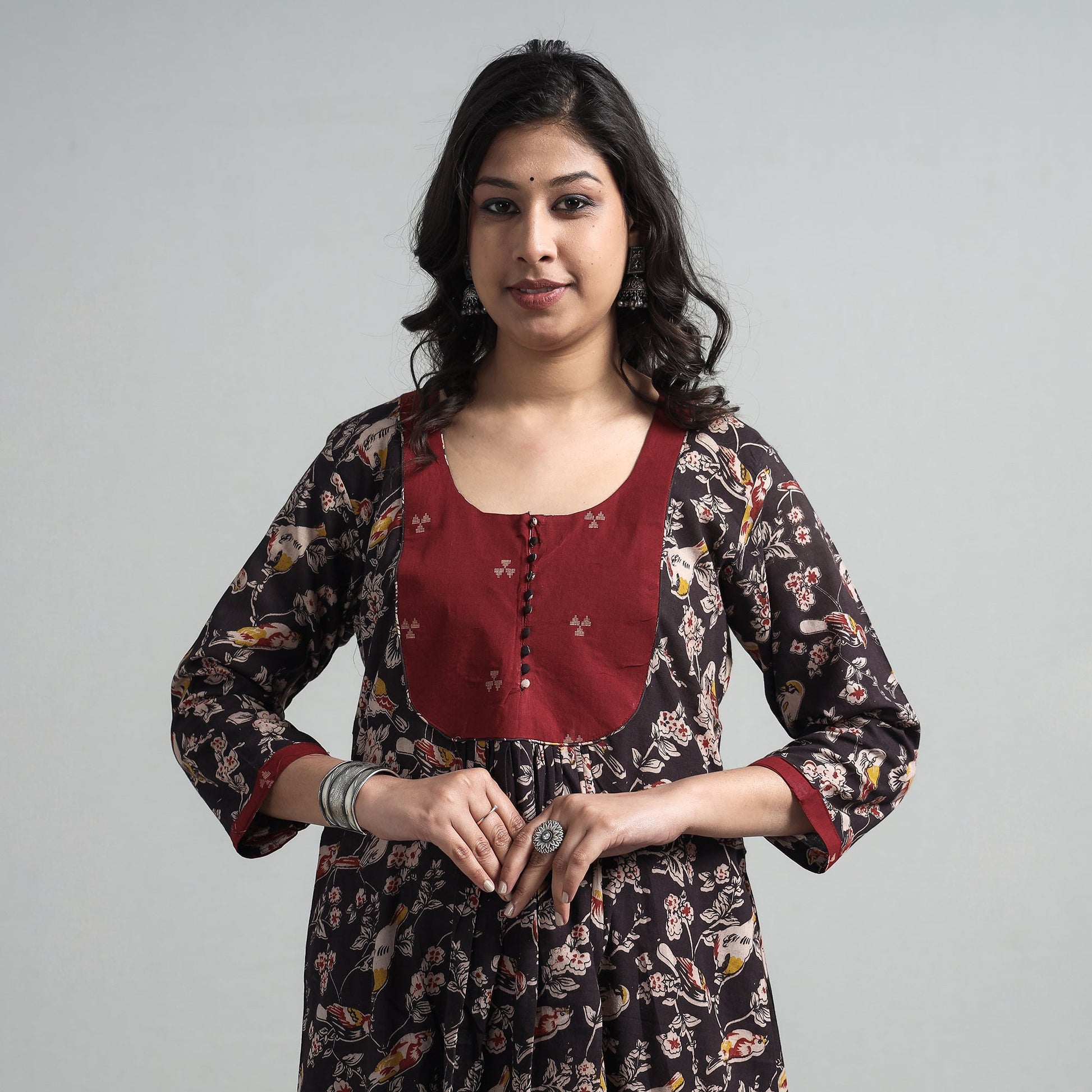 Black - Kalamkari Printed Cotton A-Line Long Kurta with Patchwork