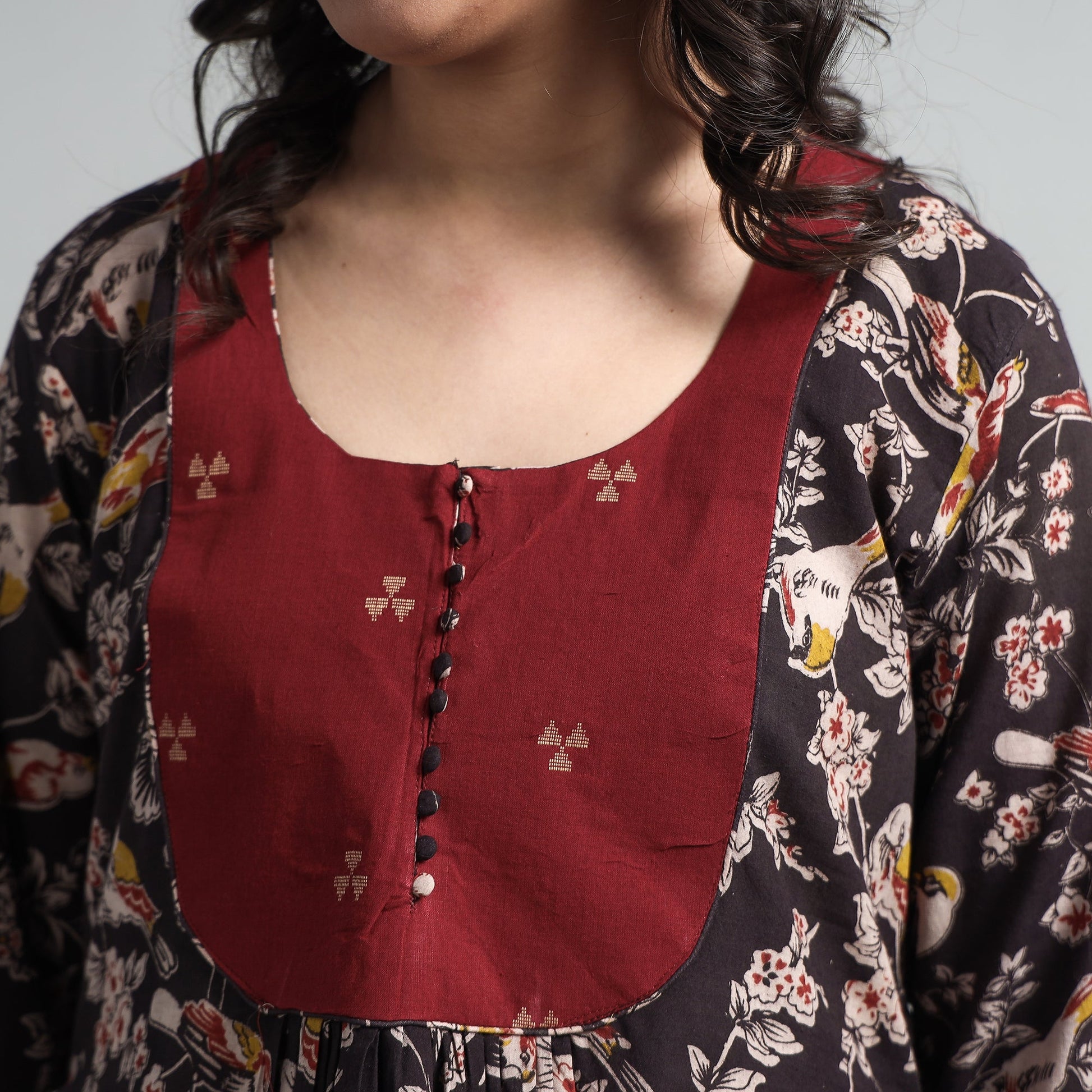Black - Kalamkari Printed Cotton A-Line Long Kurta with Patchwork