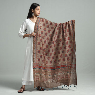 Brown - Hand Block Print Chanderi Silk Ajrakh Dupatta