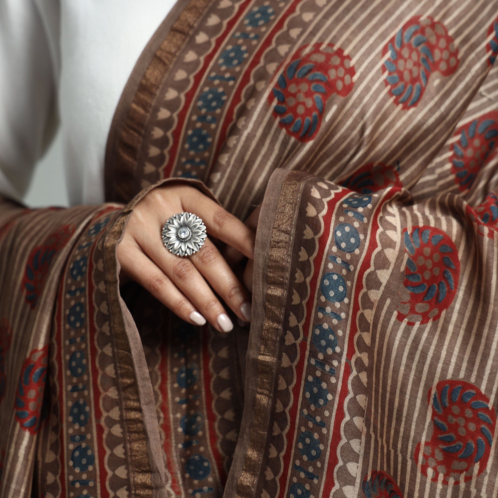 Brown - Hand Block Print Chanderi Silk Ajrakh Dupatta
