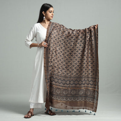 Brown - Hand Block Print Chanderi Silk Ajrakh Dupatta