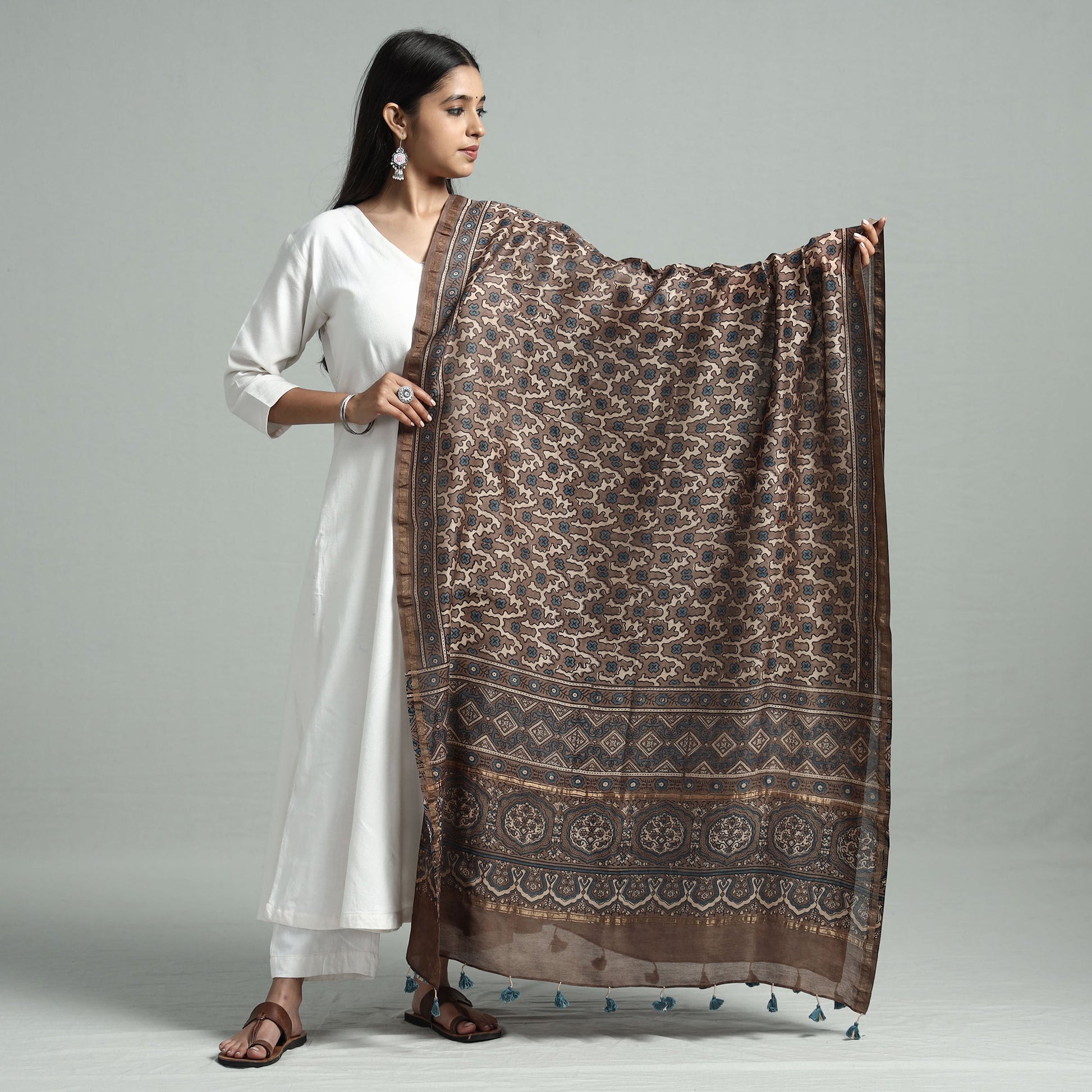 Brown - Hand Block Print Chanderi Silk Ajrakh Dupatta