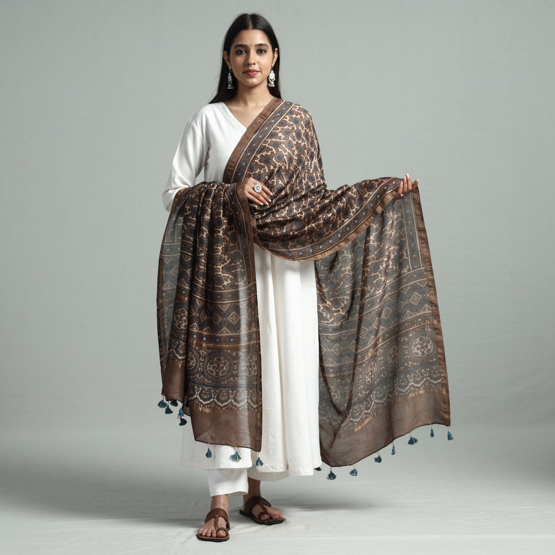 Brown - Hand Block Print Chanderi Silk Ajrakh Dupatta