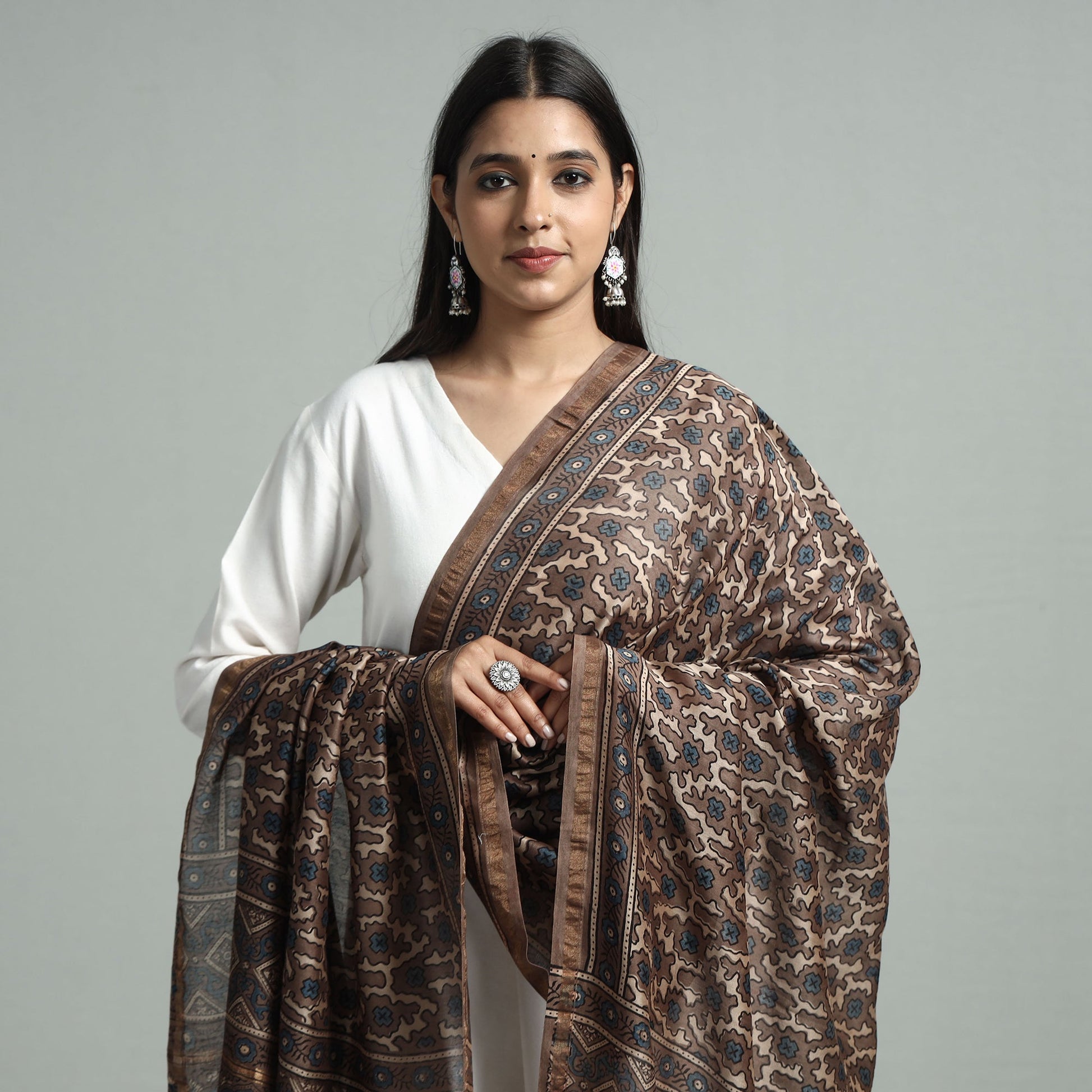 Brown - Hand Block Print Chanderi Silk Ajrakh Dupatta
