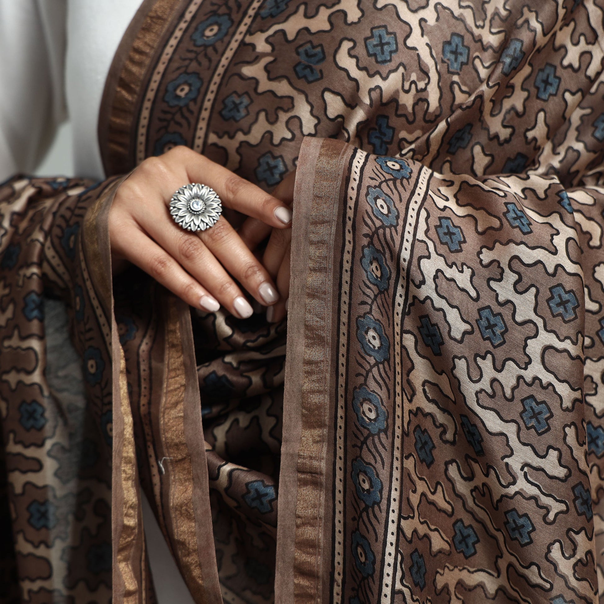 Brown - Hand Block Print Chanderi Silk Ajrakh Dupatta