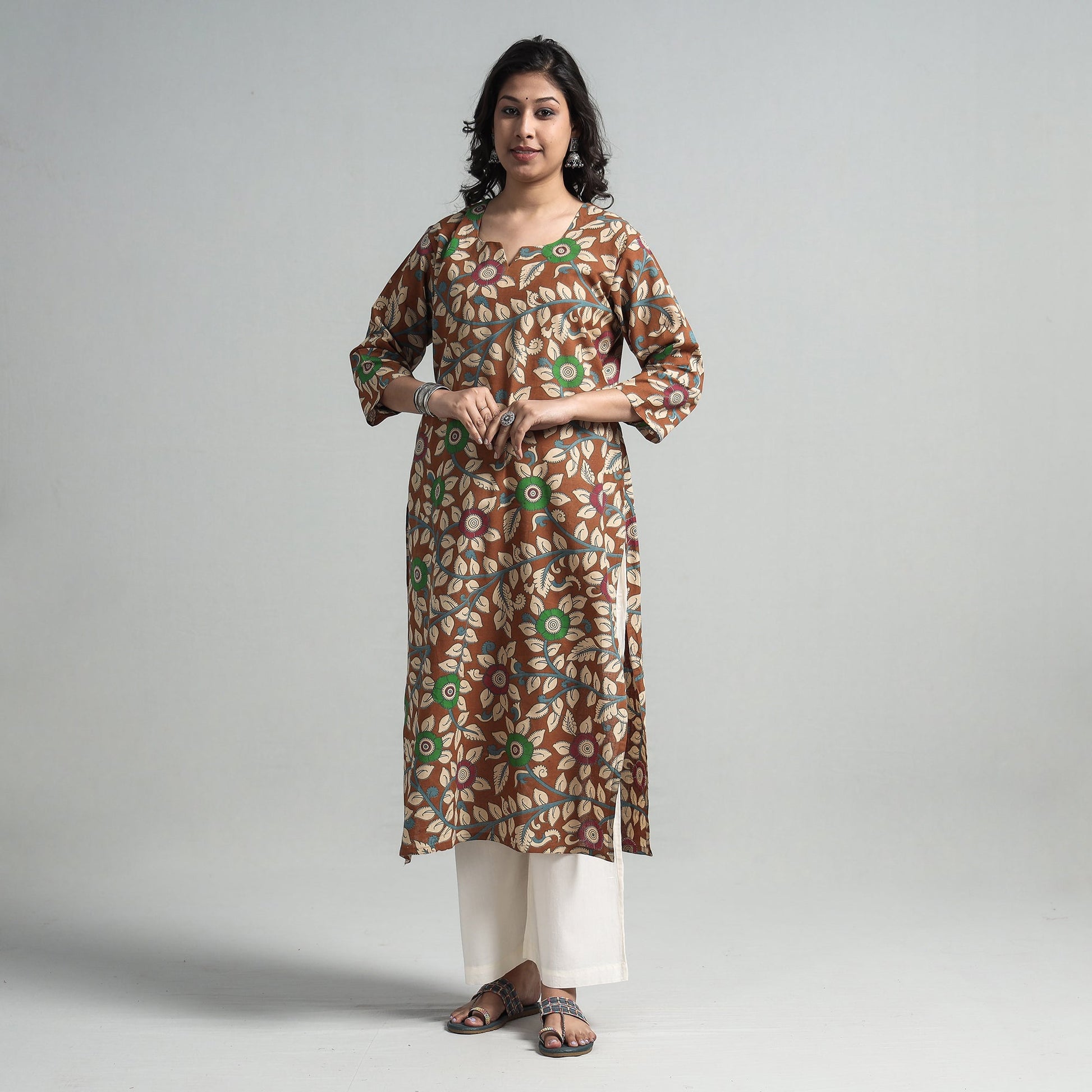 Brown - Kalamkari Printed Cotton A-Line Long Kurta