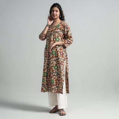 Brown - Kalamkari Printed Cotton A-Line Long Kurta