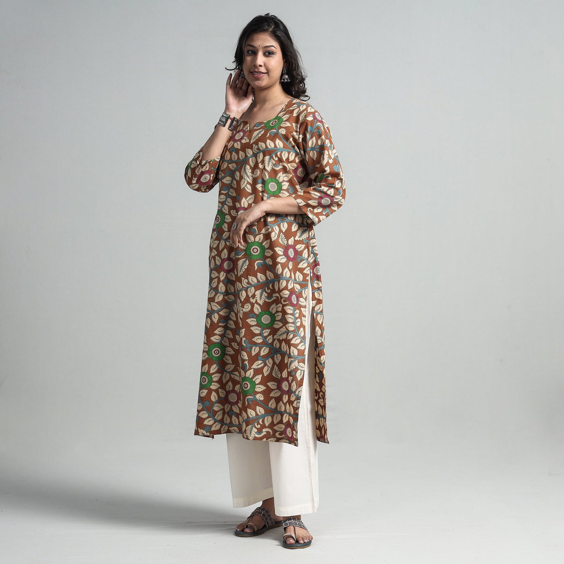 Brown - Kalamkari Printed Cotton A-Line Long Kurta