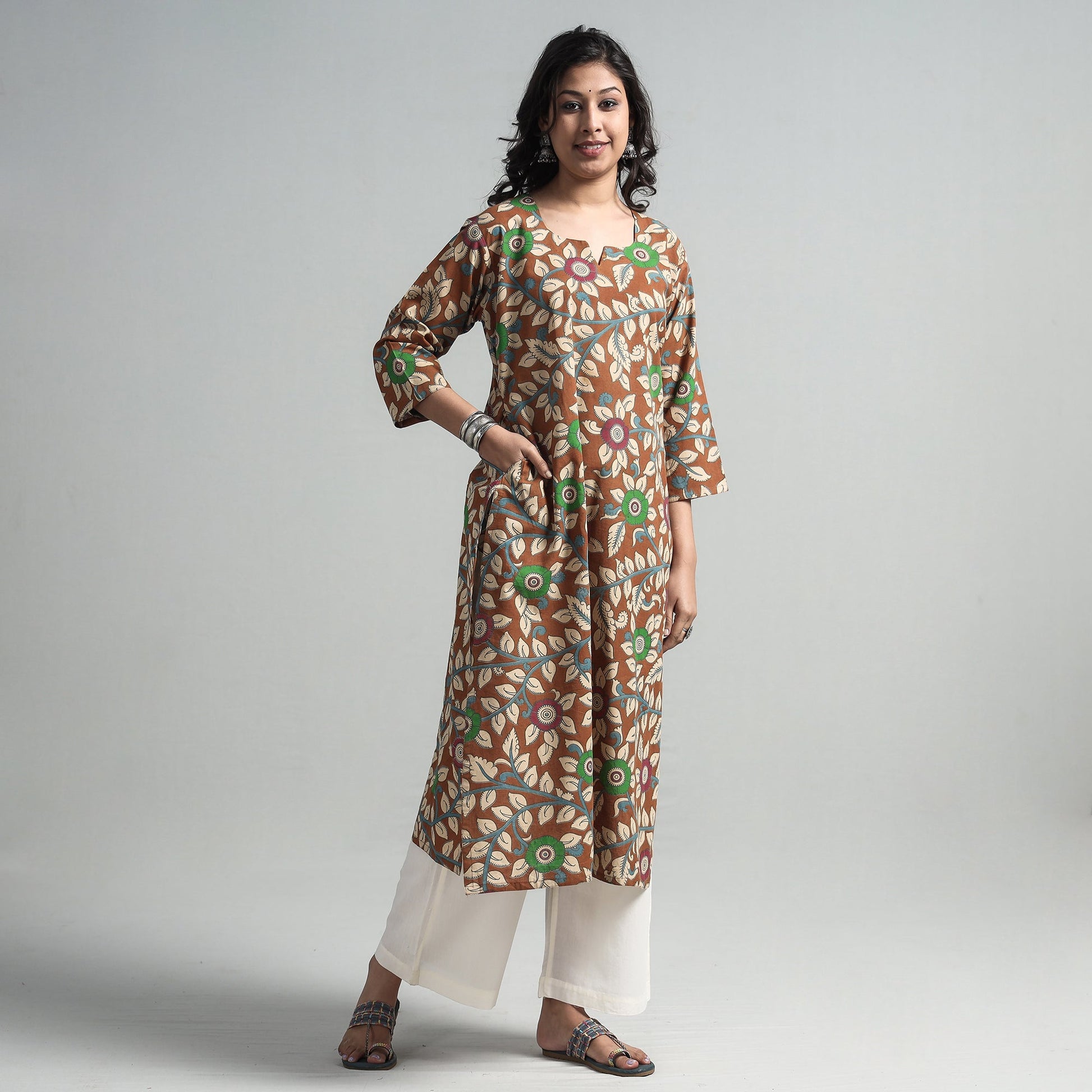 Brown - Kalamkari Printed Cotton A-Line Long Kurta