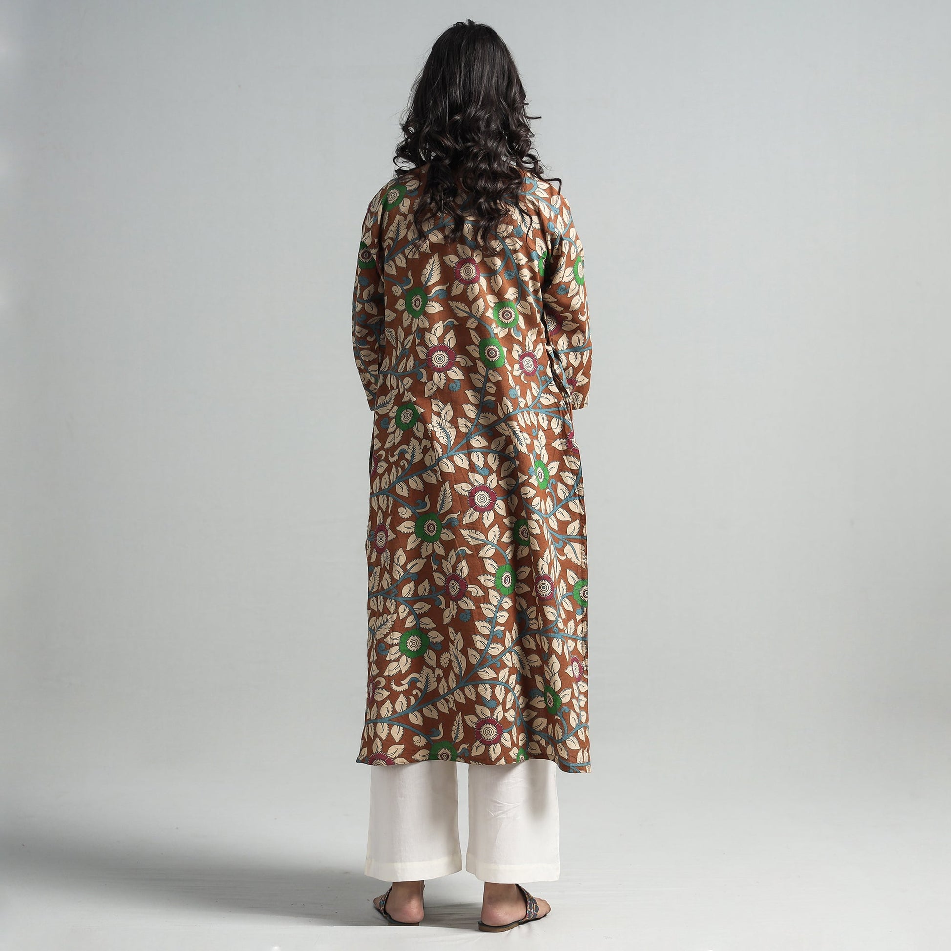 Brown - Kalamkari Printed Cotton A-Line Long Kurta