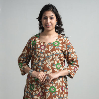 Brown - Kalamkari Printed Cotton A-Line Long Kurta