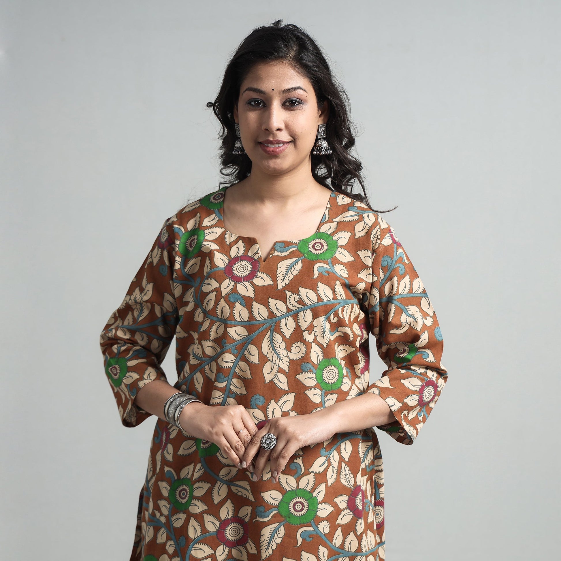 Brown - Kalamkari Printed Cotton A-Line Long Kurta