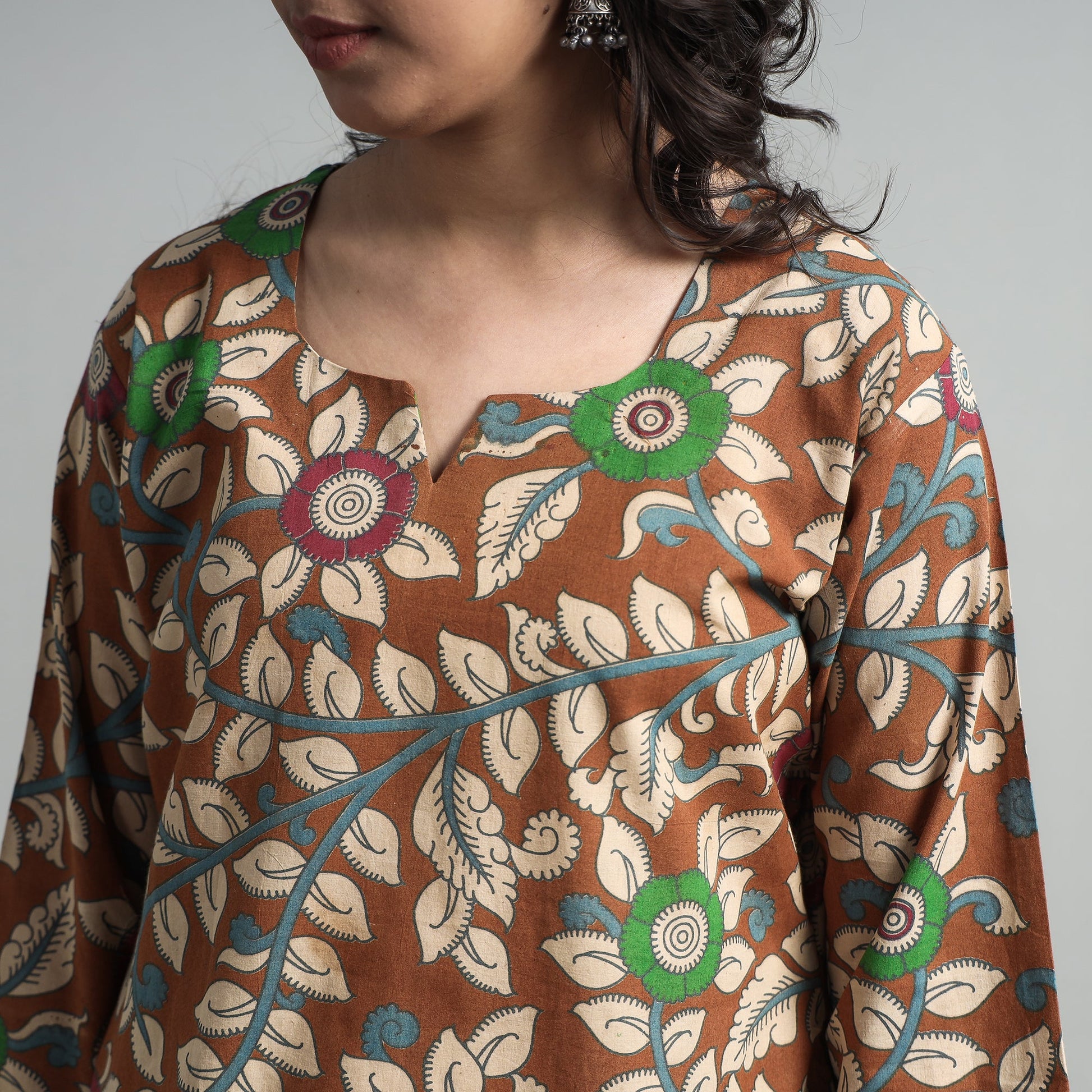 Brown - Kalamkari Printed Cotton A-Line Long Kurta