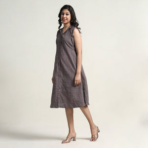 Brown - Plain Handloom Cotton Collared Neck Buttoned Down Dress