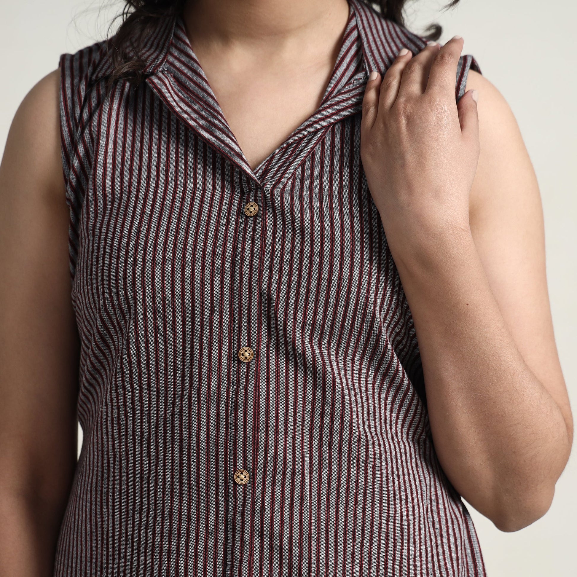 Brown - Plain Handloom Cotton Collared Neck Buttoned Down Dress