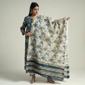 Blue - - Sanganeri Block Printed Maheshwari Silk Kurta with Palazzo & Dupatta Set