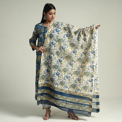 Blue - - Sanganeri Block Printed Maheshwari Silk Kurta with Palazzo & Dupatta Set