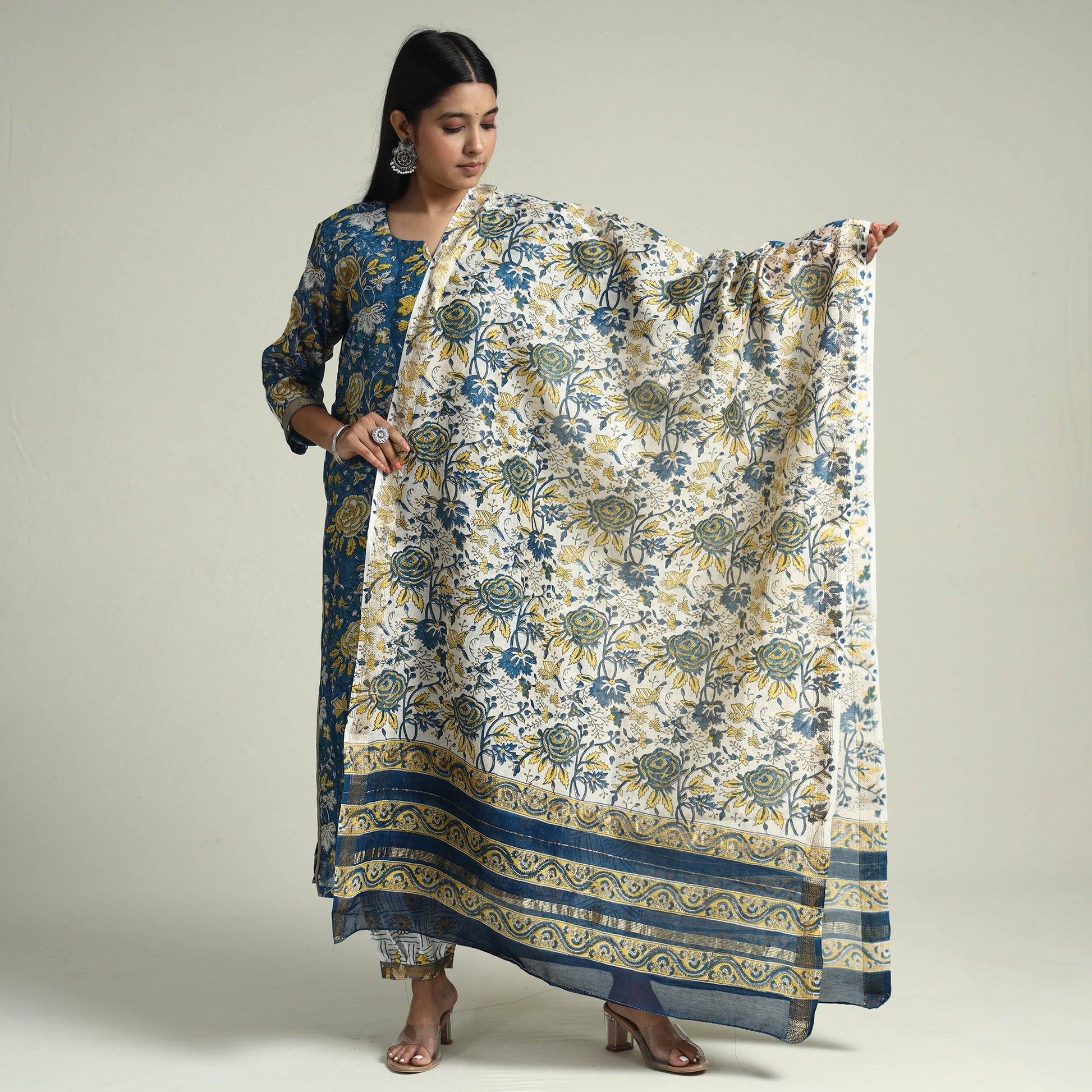 Blue - - Sanganeri Block Printed Maheshwari Silk Kurta with Palazzo & Dupatta Set