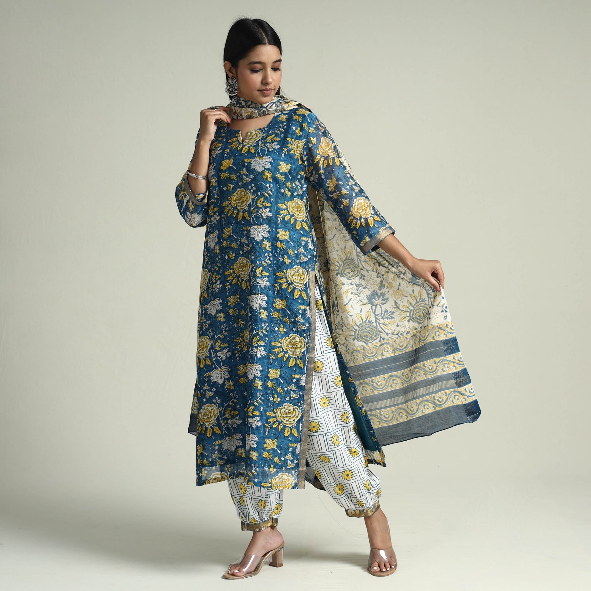 Blue - - Sanganeri Block Printed Maheshwari Silk Kurta with Palazzo & Dupatta Set