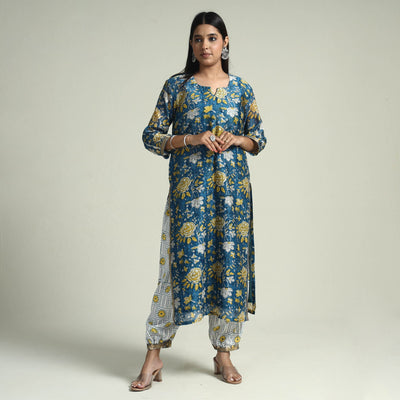 Blue - - Sanganeri Block Printed Maheshwari Silk Kurta with Palazzo & Dupatta Set
