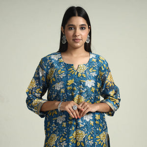 Blue - - Sanganeri Block Printed Maheshwari Silk Kurta with Palazzo & Dupatta Set