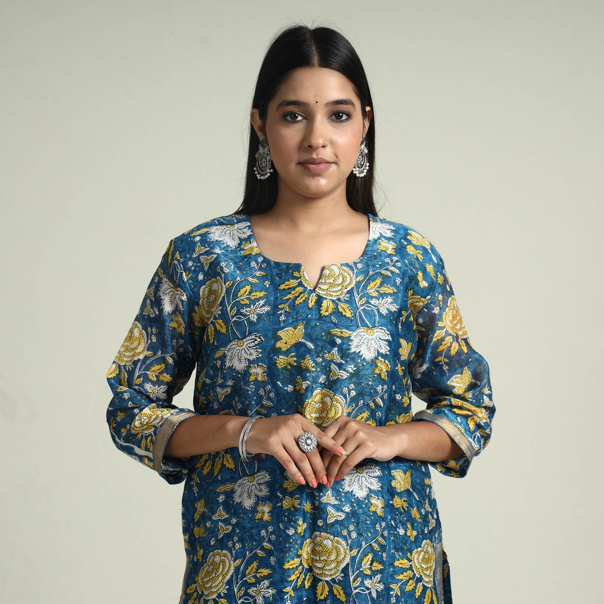 Blue - - Sanganeri Block Printed Maheshwari Silk Kurta with Palazzo & Dupatta Set