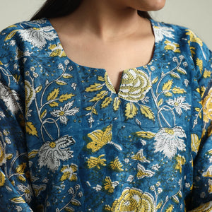 Blue - - Sanganeri Block Printed Maheshwari Silk Kurta with Palazzo & Dupatta Set