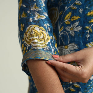 Blue - - Sanganeri Block Printed Maheshwari Silk Kurta with Palazzo & Dupatta Set