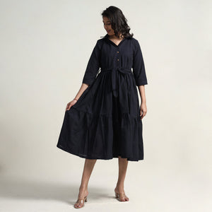 Black - Plain Handloom Cotton Collared Neck Flare Dress