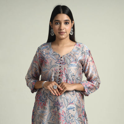 Brown - Sanganeri Block Printed Maheshwari Silk Kurta with Palazzo & Dupatta Set