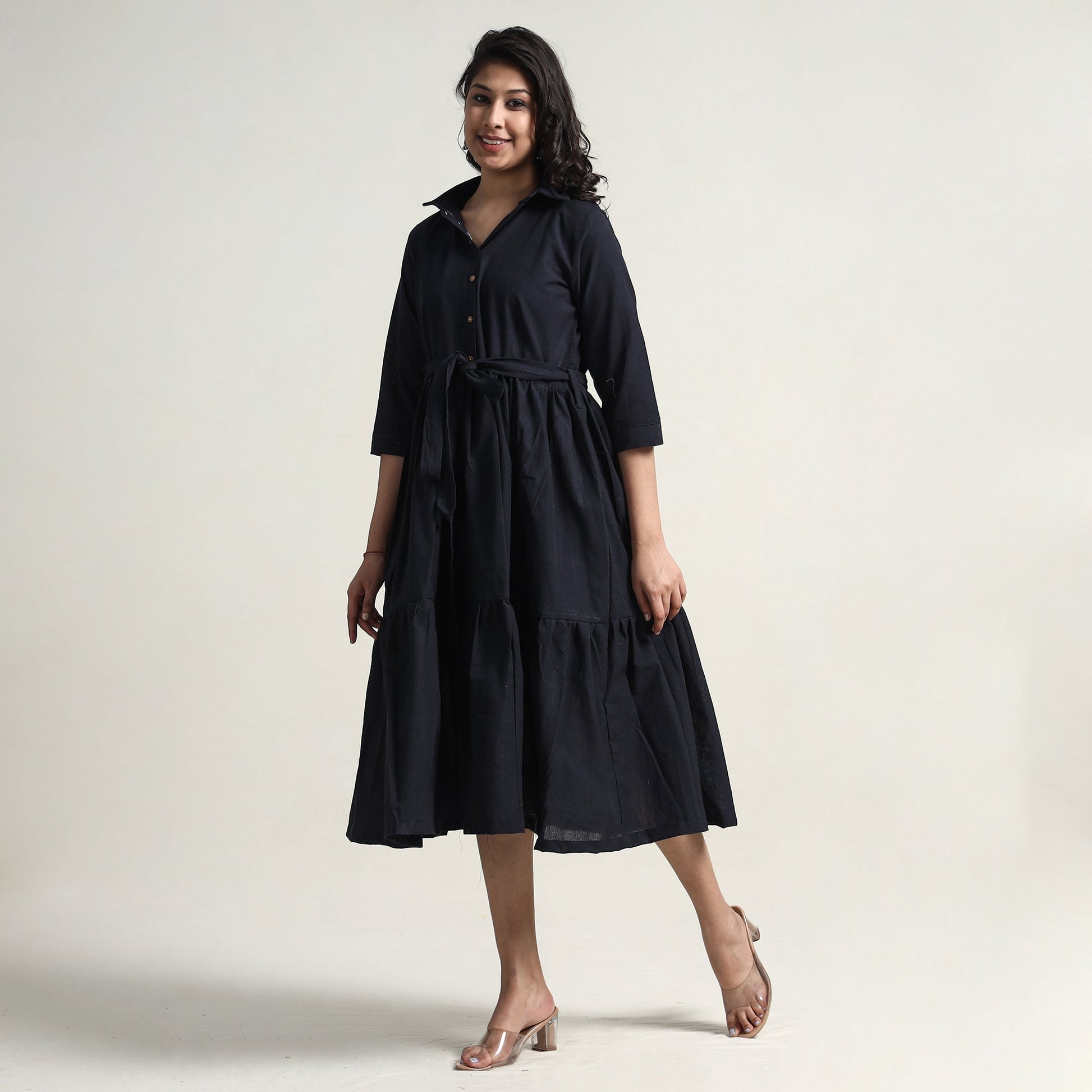 Black - Plain Handloom Cotton Collared Neck Flare Dress
