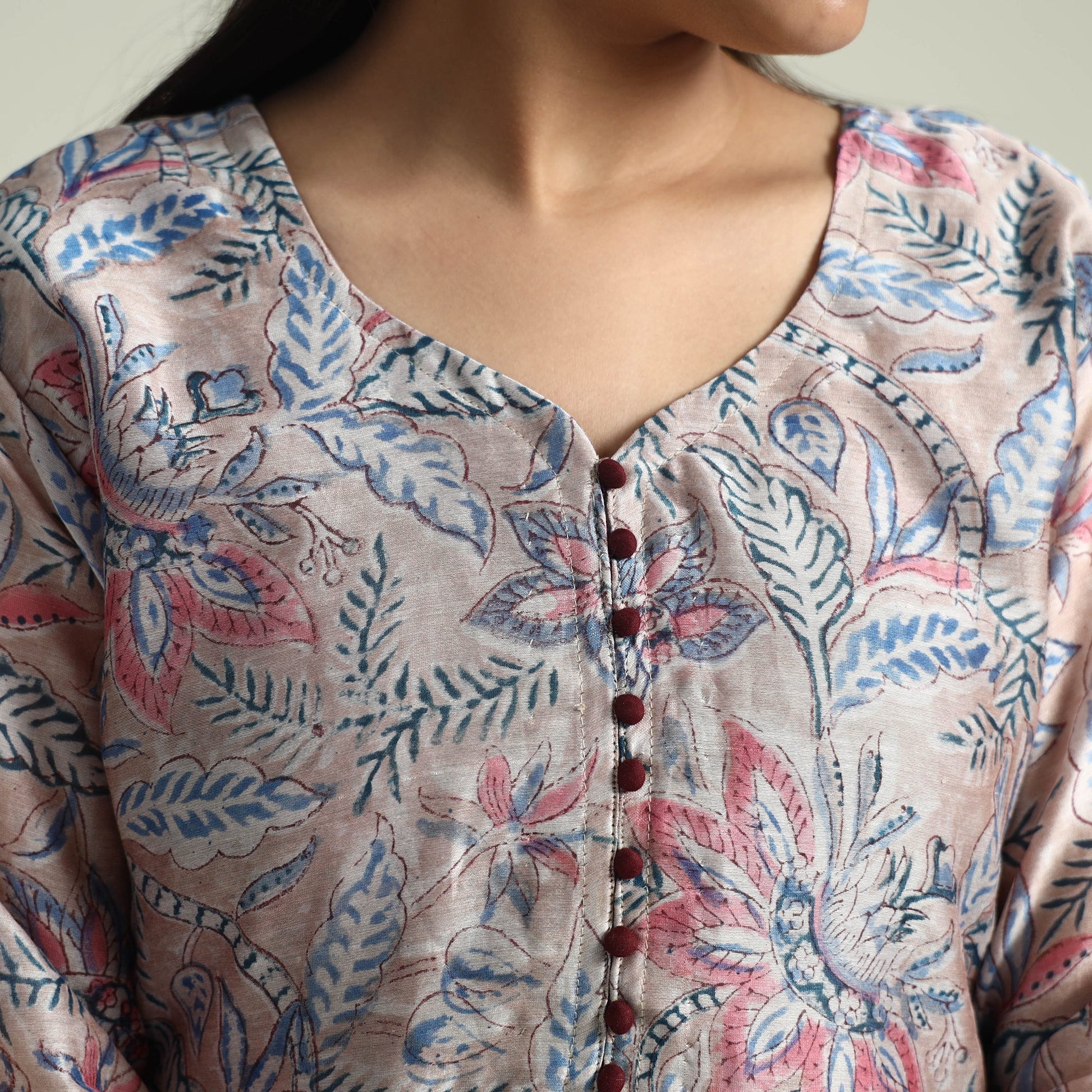 Brown - Sanganeri Block Printed Maheshwari Silk Kurta with Palazzo & Dupatta Set