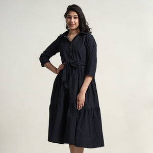 Black - Plain Handloom Cotton Collared Neck Flare Dress
