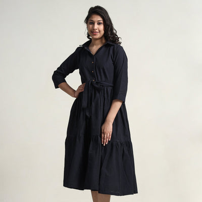 Black - Plain Handloom Cotton Collared Neck Flare Dress