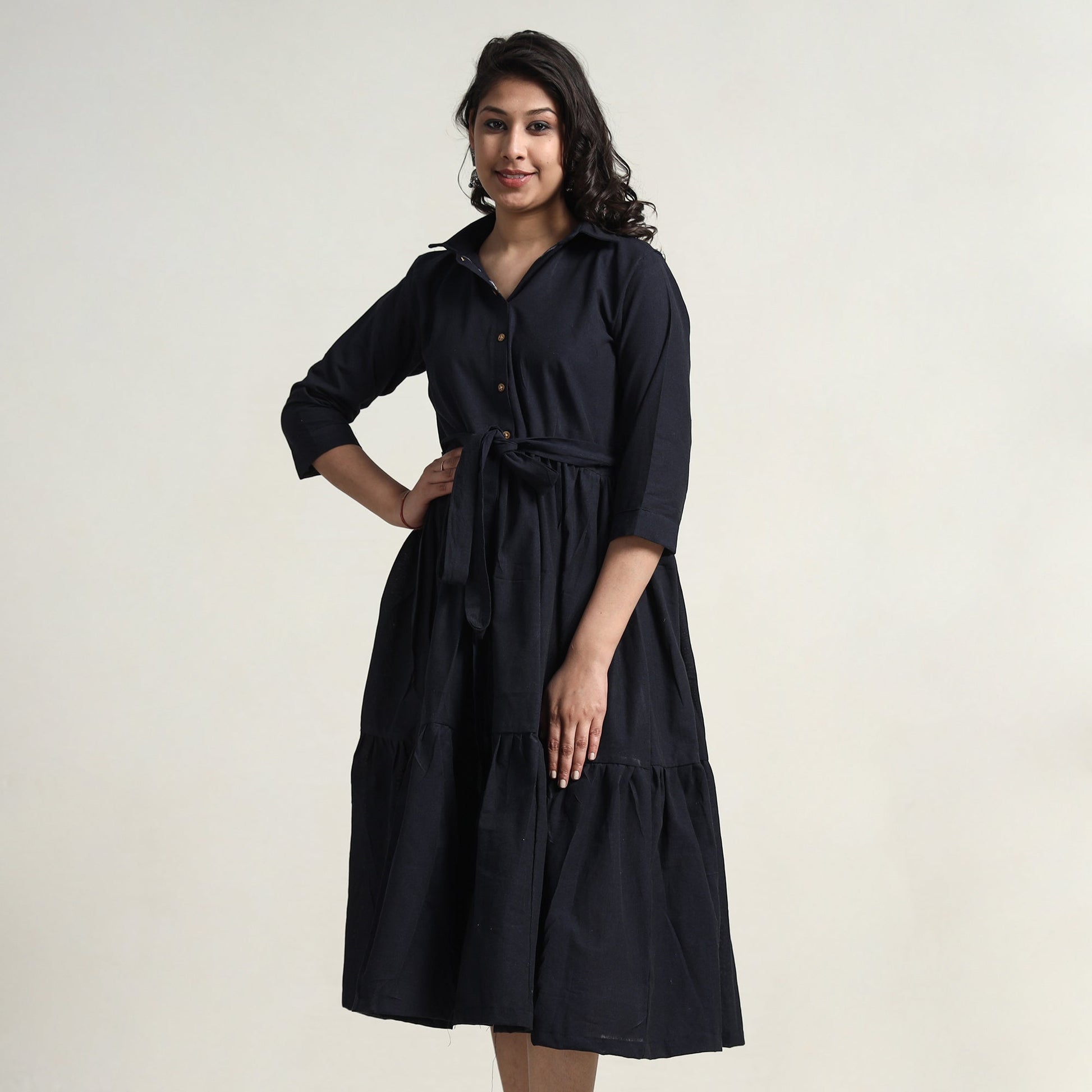 Black - Plain Handloom Cotton Collared Neck Flare Dress