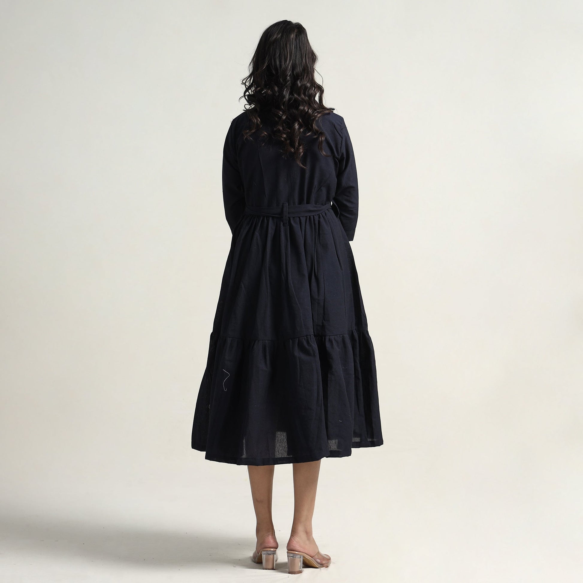 Black - Plain Handloom Cotton Collared Neck Flare Dress